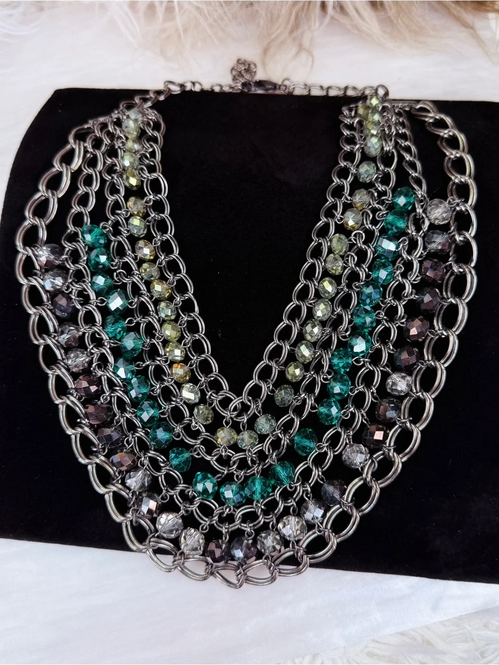 Multi Strand Dark Silver Tone Chain Teal Faceted Bead Bib Statement Necklace